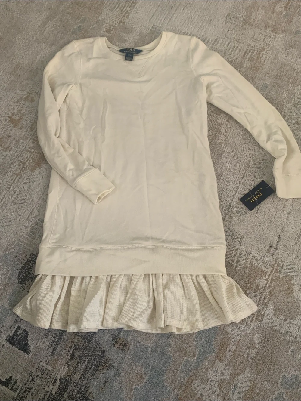 NWT Ralph Lauren Off-White Ruffled Hem Pullover Dress waffle skirt 12-14